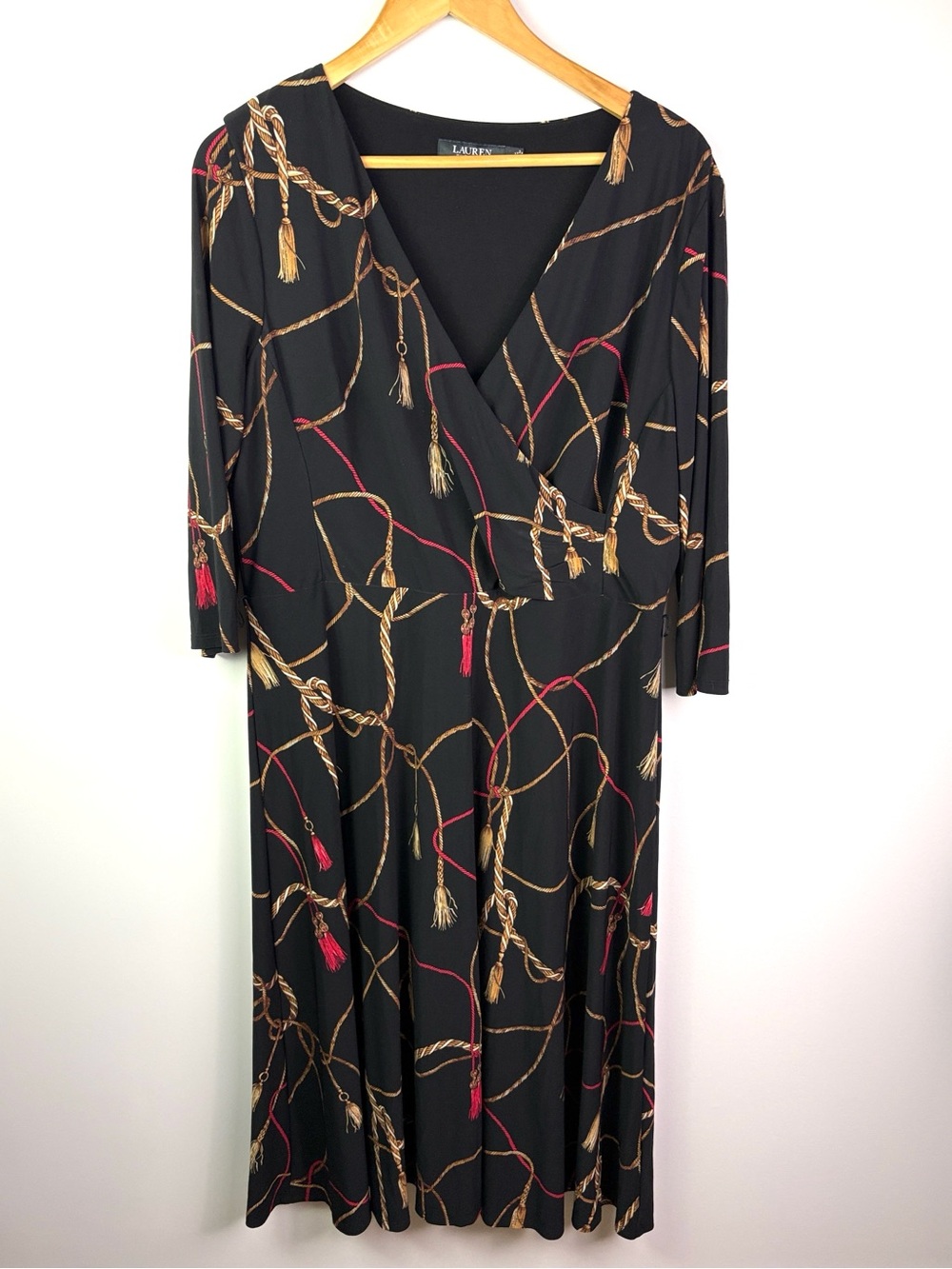 Lauren Ralph Lauren Black Wrap-Style Rope Print Midi Dress size 16